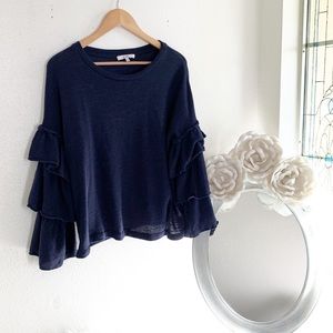 RO & DE Navy Blue Sweater Top Ruffle Sleeve